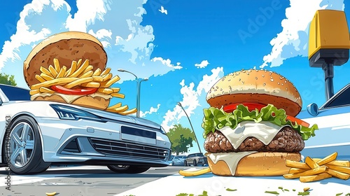 Giant burger and fries beside a modern car, vibrant background, whimsical style.
