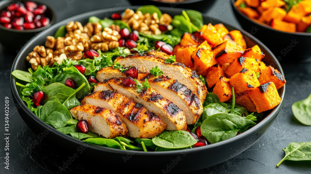 Grilled chicken salad with roasted squash, walnuts, and pomegranate seeds offers healthy meal Grilled chicken salad with roasted squash, walnuts, and pomegranate seeds offers healthy meal