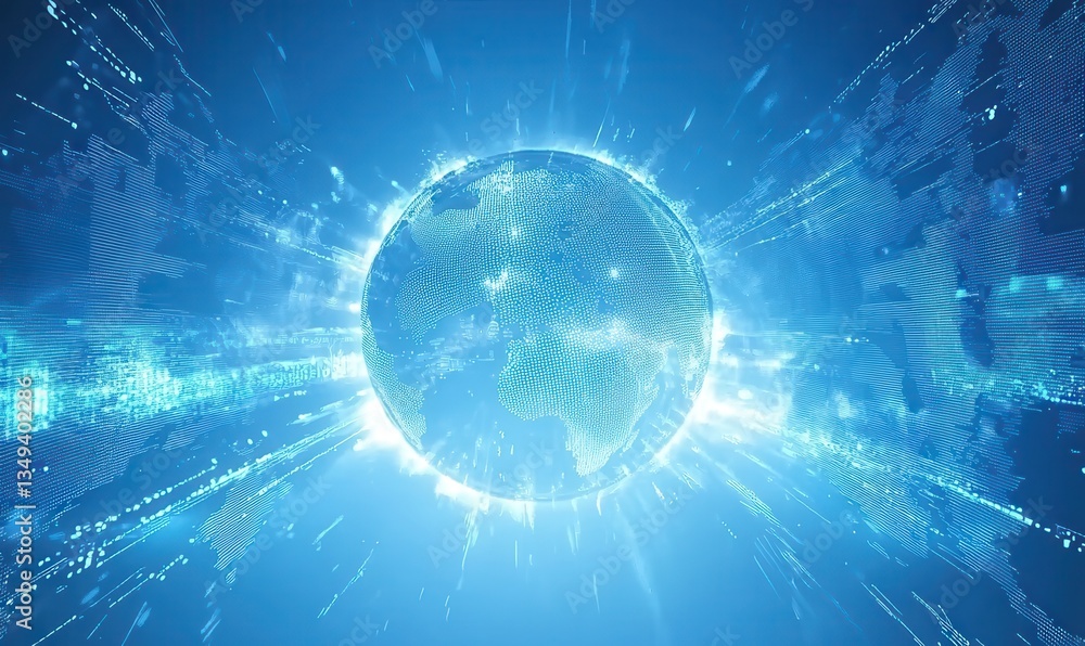 Fototapeta premium Glowing Digital Globe with Blue Energy Rays Abstract Background