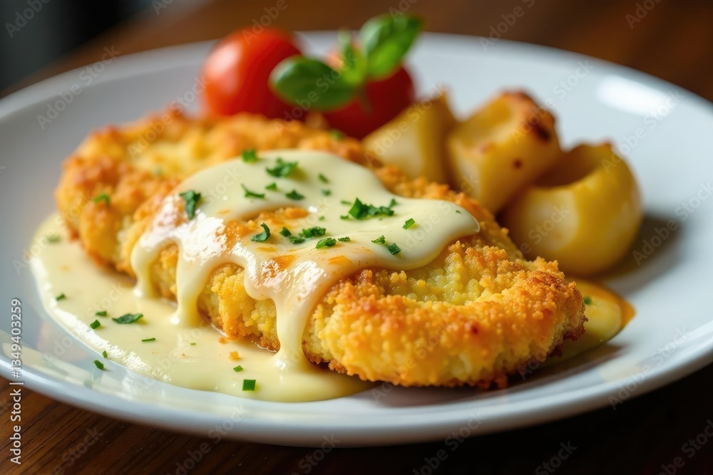 Golden breaded veal cutlet with melted mozzarella cheese, breaded, restaurant, melted Golden breaded veal cutlet with melted mozzarella cheese, breaded, restaurant, melted