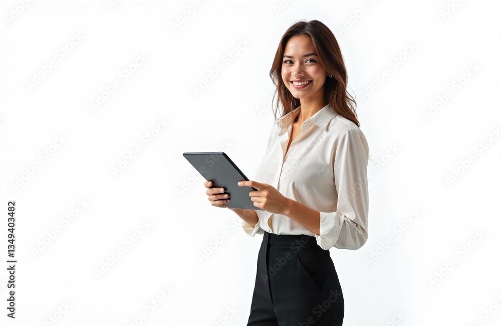 Smiling young woman in formal wear, holds digital tablet, isolated over white background with copy space. Confident businesswoman using modern tech device. Female entrepreneur at work. Smiling young woman in formal wear, holds digital tablet, isolated over white background with copy space. Confident businesswoman using modern tech device. Female entrepreneur at work.