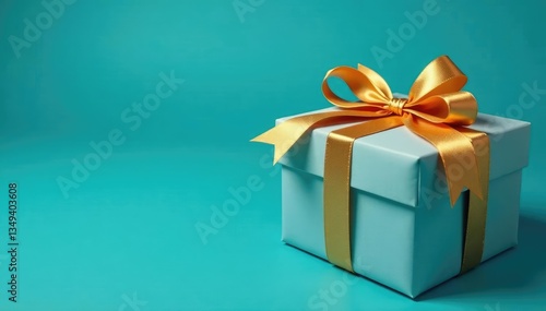 Gold ribbon wrapped around a stack of blue gift boxes, brown paper, gift wrapping