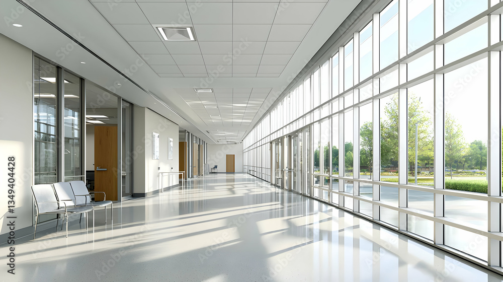 Bright Empty Hospital Corridor With Large Windows Bright Empty Hospital Corridor With Large Windows