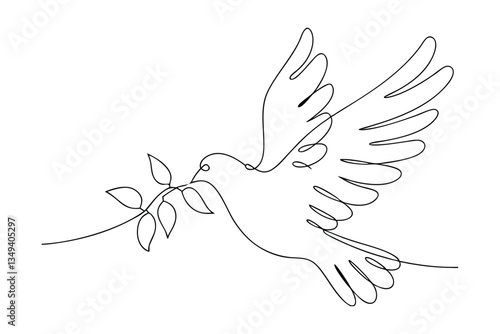 Single line drawing of dove, peace, olive branch, hope, freedom, serenity, tranquility, symbol, art, 