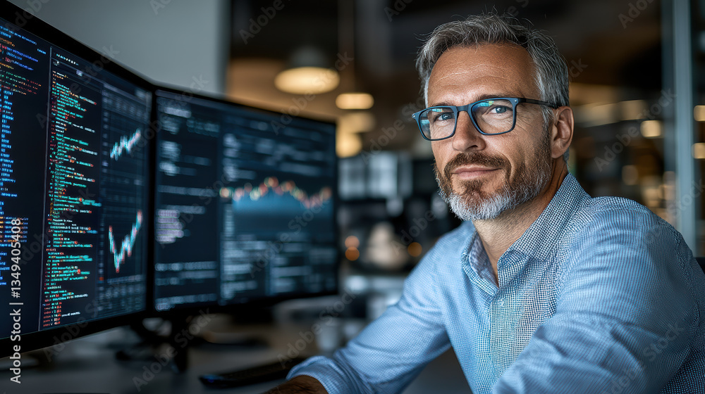 finance executive analyzing data on dual monitors, showcasing advanced software and analytics finance executive analyzing data on dual monitors, showcasing advanced software and analytics