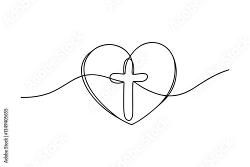 One line drawing, heart, cross, faith, love, religion, spirituality, hope, symbol, Christianity