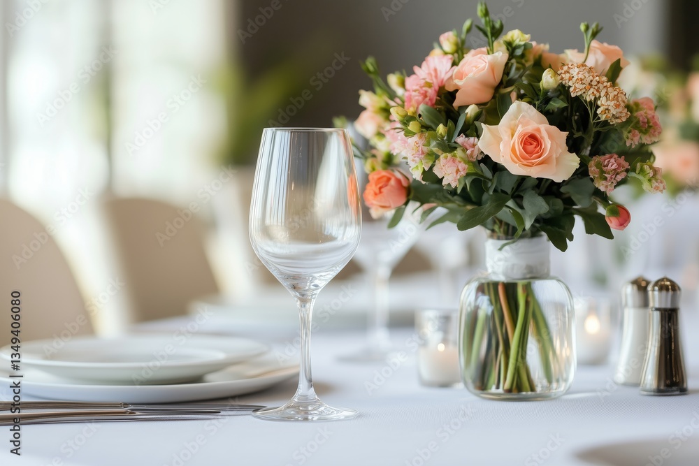 A mockup table tent menu card on a table with tablecloth, a vase of flowers and a white plate. Wedding celebration or party dinner blurred background A mockup table tent menu card on a table with tablecloth, a vase of flowers and a white plate. Wedding celebration or party dinner blurred background