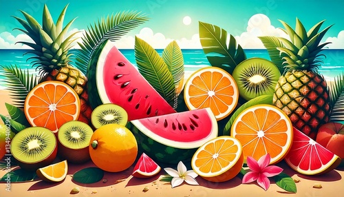 Ilustracja, grafika z kolorowymi owocami i liśćmi. Wakacyjne tło z owocami