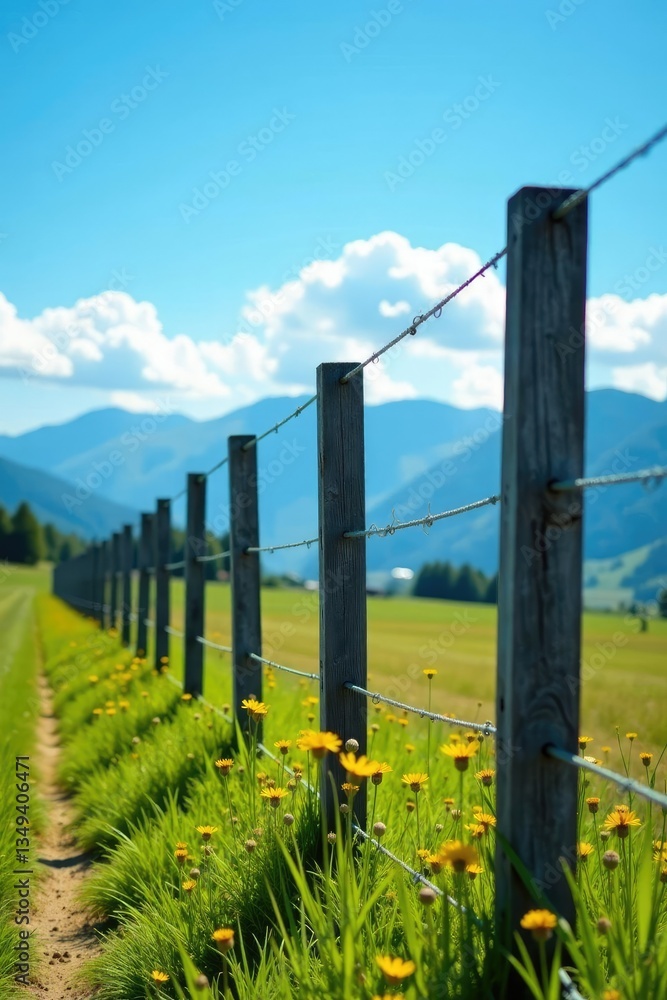 Fototapeta premium Peaked fence posts against a clear blue summer sky, blue sky, mountains