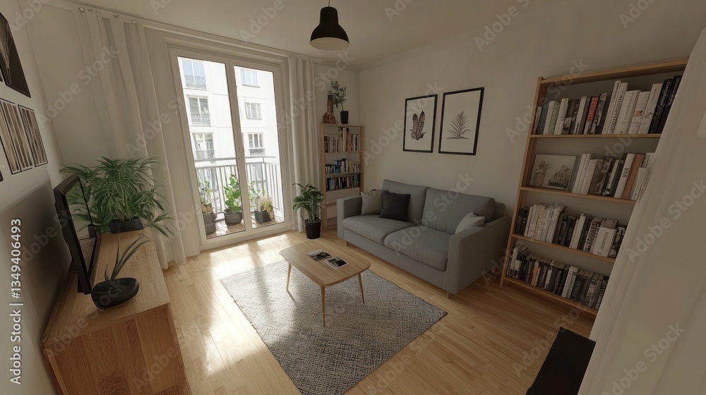 Fototapeta premium Cozy Interior with Bookshelves and Balcony View in a Modern Apartment