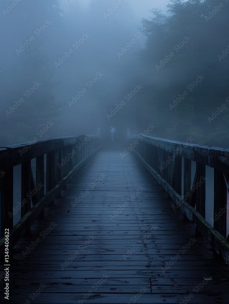 Fototapeta premium The misty bridge leads into a mysterious realm where soft light reveals shadowy figures amidst the fog
