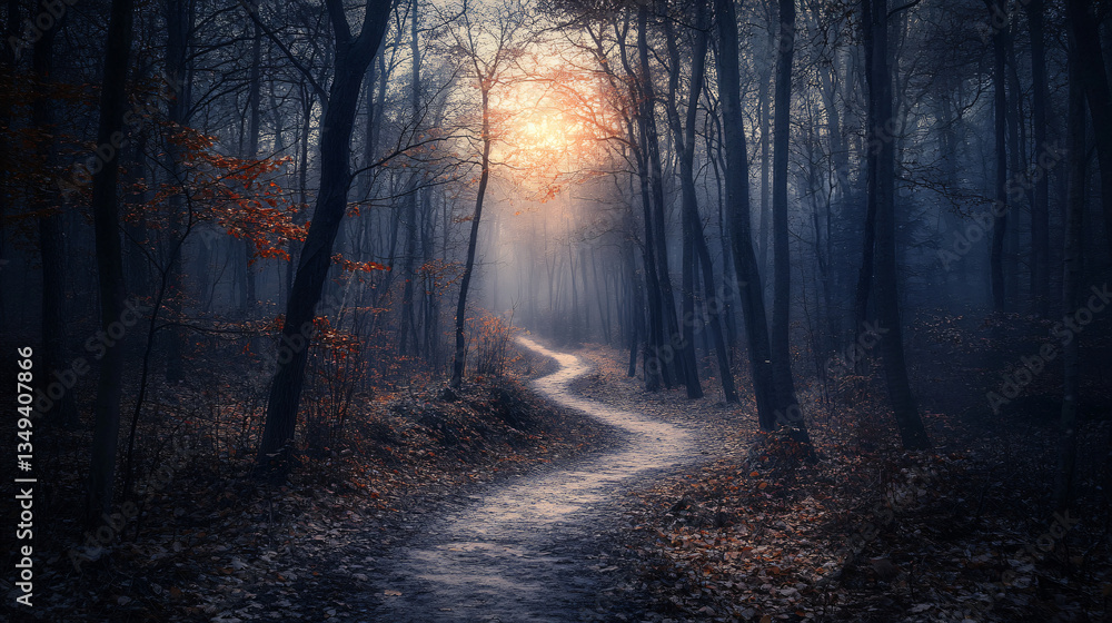 Obraz premium Serene winding path through a lush green forest at dusk with soft light filtering through the trees creating a tranquil atmosphere.