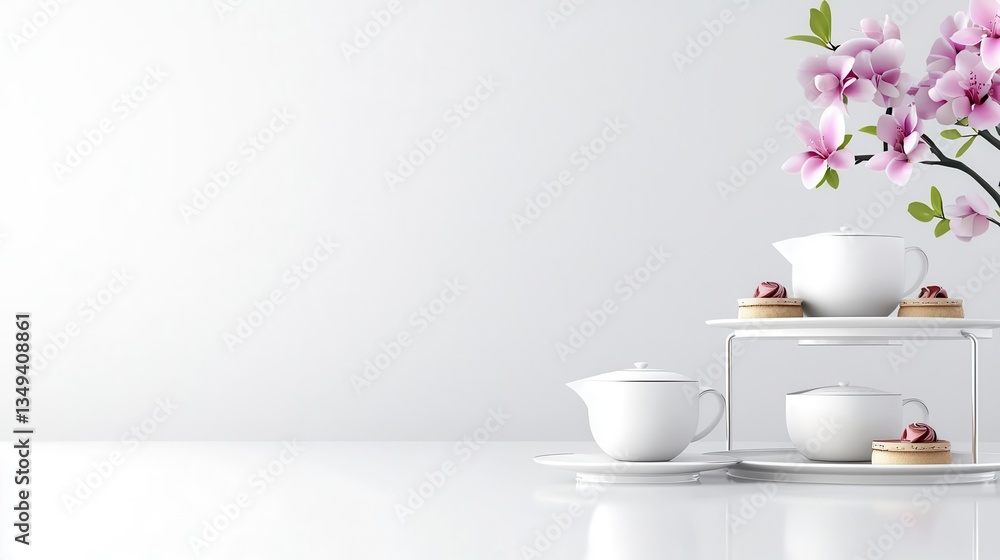 Tea set with pastries and cherry blossoms on a white isolated background. Tea set with pastries and cherry blossoms on a white isolated background.