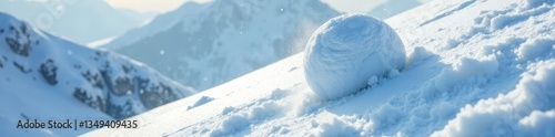 Snowball tumbling down a steep snowy slope with heavy snowdrifts, snow, snowdrift, blizzard