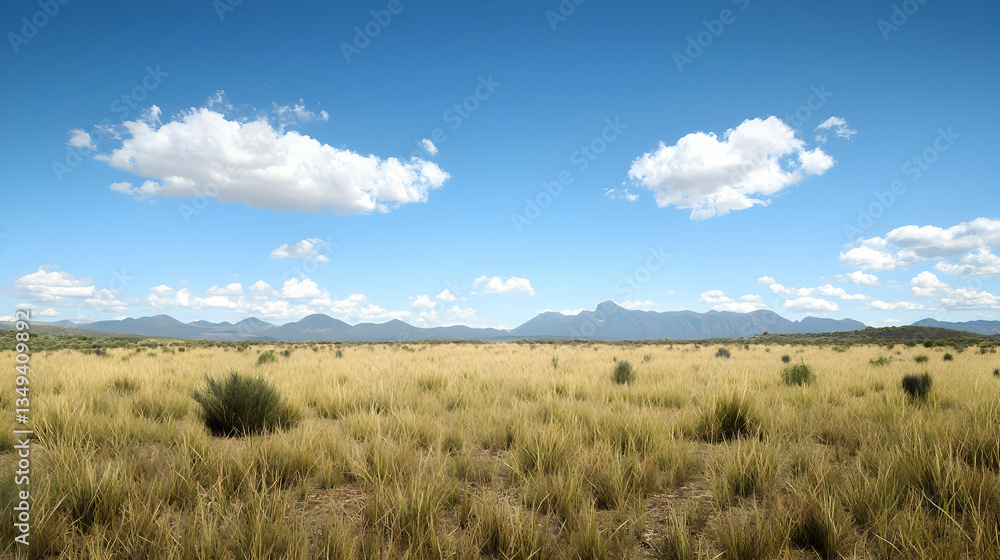Expansive Landscape View Of A Golden Wheat Field Under Bright Blue Sky With White Fluffy Clouds And Distant Mountains Expansive Landscape View Of A Golden Wheat Field Under Bright Blue Sky With White Fluffy Clouds And Distant Mountains