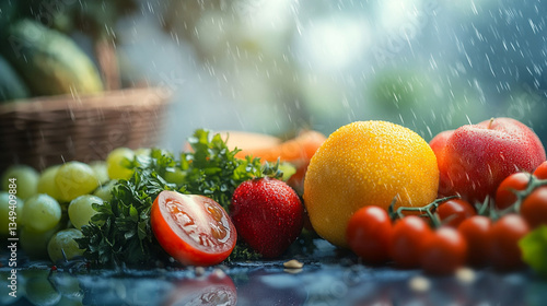 Still life of fresh fruits and vegetables under rain with basket in the blurred background view
