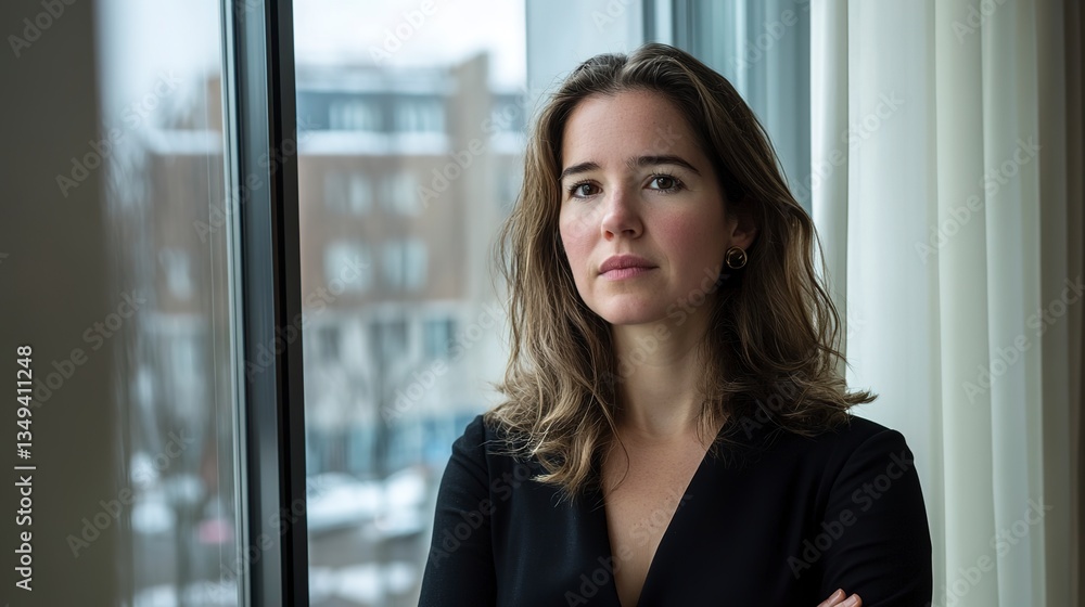 A Pensive Woman Gazes Out A Window, Lost In Thought, Contemplating Lifes Complexities Against A Softly Blurred City Backdrop A Pensive Woman Gazes Out A Window, Lost In Thought, Contemplating Lifes Complexities Against A Softly Blurred City Backdrop