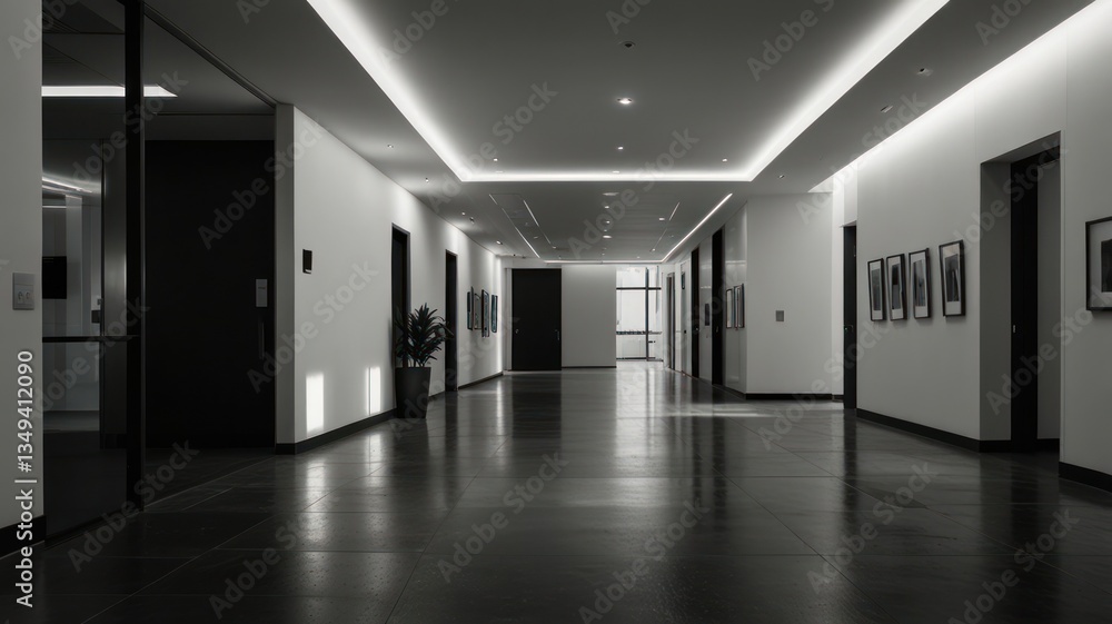 Modern office hallway, sleek design Modern office hallway, sleek design