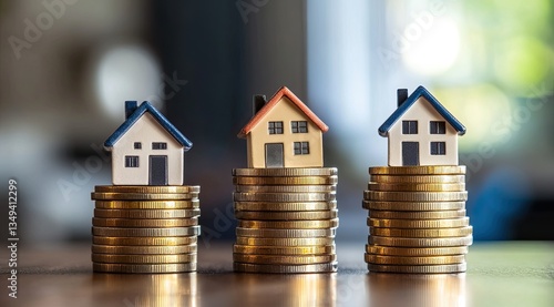 Miniature houses on stacks of coins, home affordability, home buying, finance