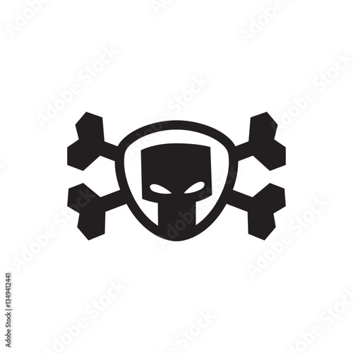 Cartooon doodle fighting skull label, emblem and logo template. Symbol of poison and danger. Pirate flag attribute