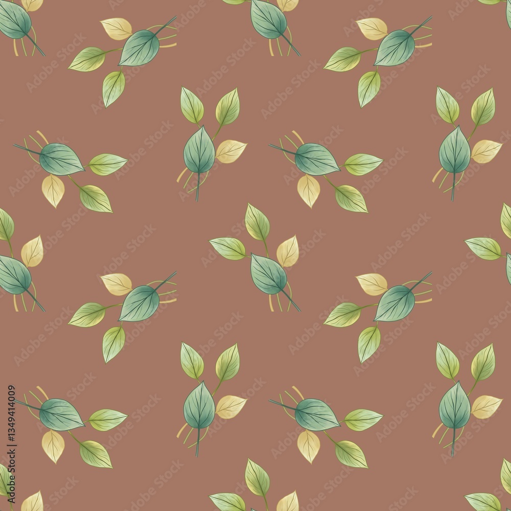 A seamless pattern featuring various green and yellow leaves on a brown background. The leaves are arranged in a scattered, organic layout, creating a natural and calming design. A seamless pattern featuring various green and yellow leaves on a brown background. The leaves are arranged in a scattered, organic layout, creating a natural and calming design.