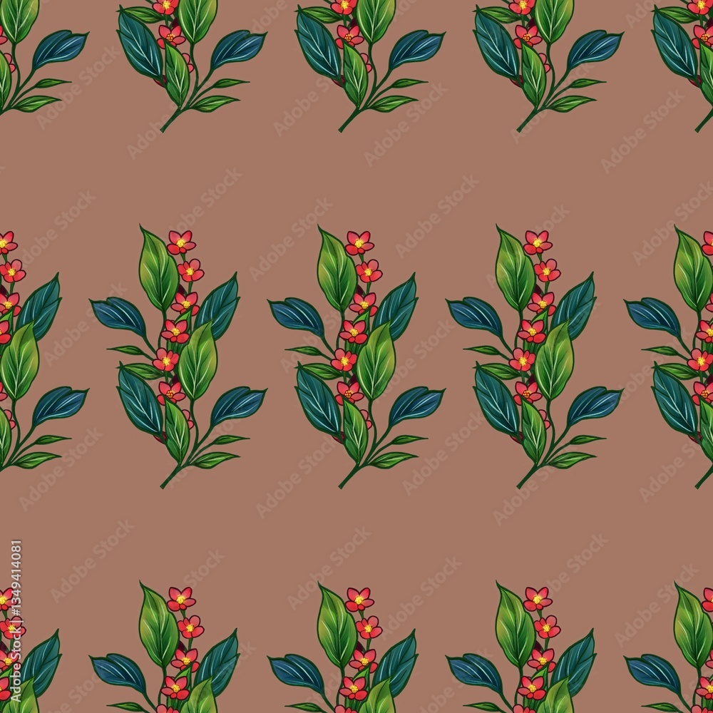 A seamless pattern featuring vibrant floral designs with red flowers and green leaves on a brown background. A seamless pattern featuring vibrant floral designs with red flowers and green leaves on a brown background.