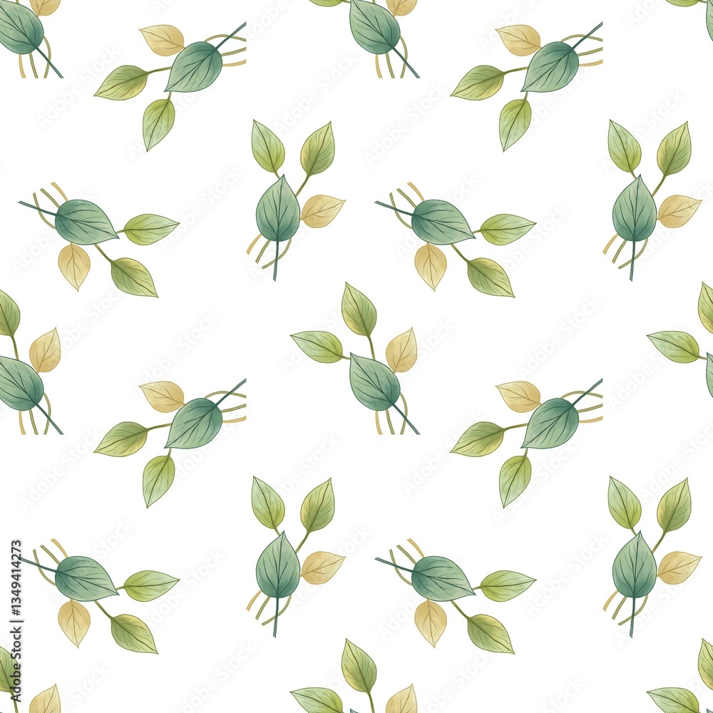 A seamless pattern featuring delicate green and yellow leaves on a white background. The leaves are arranged in clusters, creating a soft and natural aesthetic. A seamless pattern featuring delicate green and yellow leaves on a white background. The leaves are arranged in clusters, creating a soft and natural aesthetic.