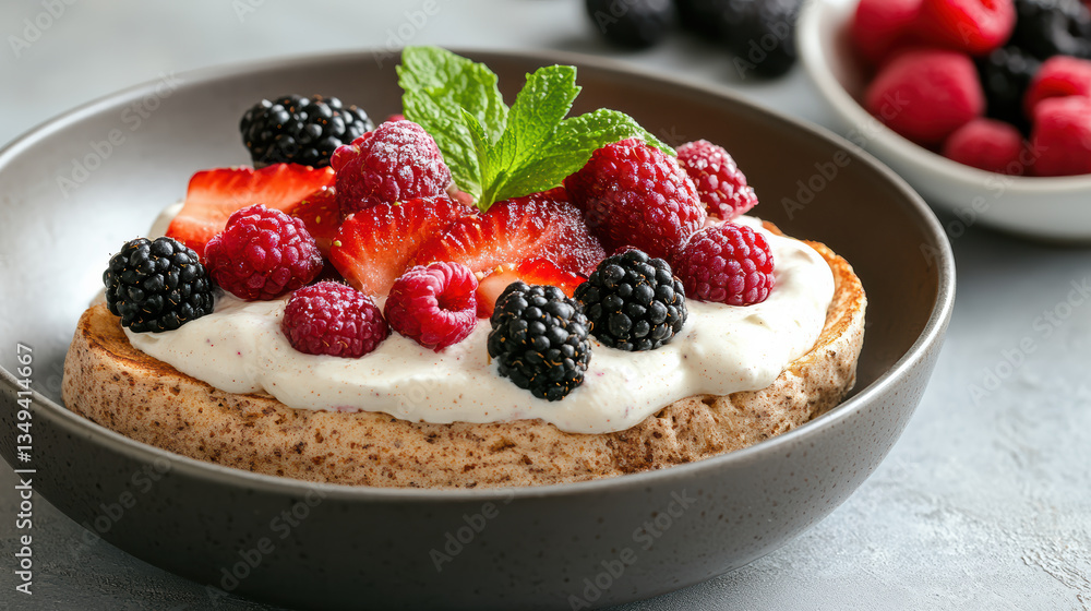 Delicious whole wheat French toast topped with fresh berries and mint Delicious whole wheat French toast topped with fresh berries and mint