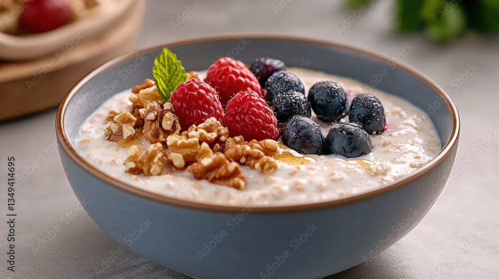 delicious bowl of oatmeal topped with fresh berries and nuts, perfect for healthy breakfast delicious bowl of oatmeal topped with fresh berries and nuts, perfect for healthy breakfast