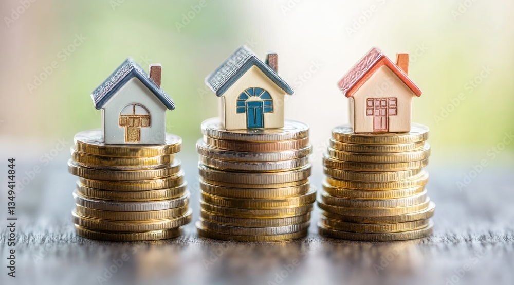 Miniature homes on stacks of coins; home investment; blurred nature background Miniature homes on stacks of coins; home investment; blurred nature background