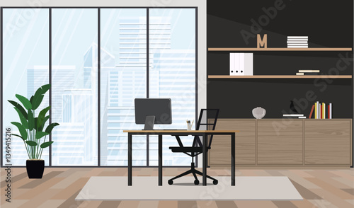 Office interior with a panoramic window overlooking high-rise buildings.
