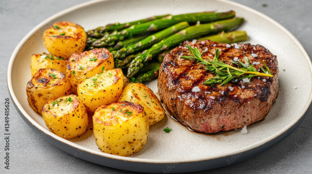 Juicy filet mignon served with roasted potatoes and fresh asparagus, creating delightful meal Juicy filet mignon served with roasted potatoes and fresh asparagus, creating delightful meal