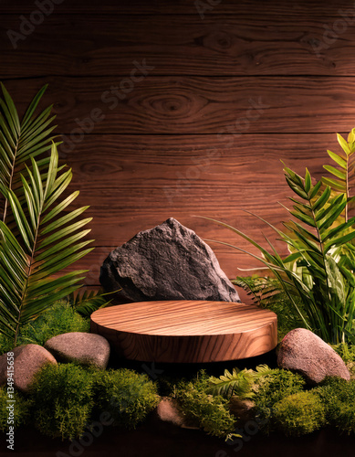 Minimalist Natural Wooden Podium with Rocks and trees for Product Display Soft Shadows