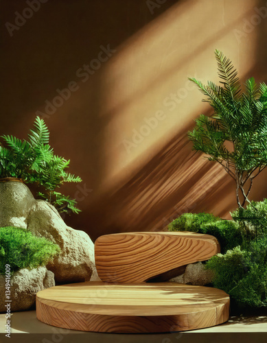 Minimalist Natural Wooden Podium with Rocks and trees for Product Display Soft Shadows