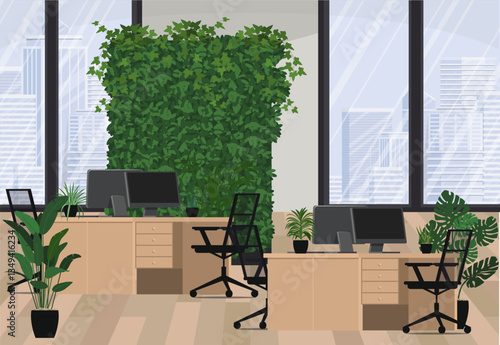 Modern office interior with panoramic windows and plants accents.