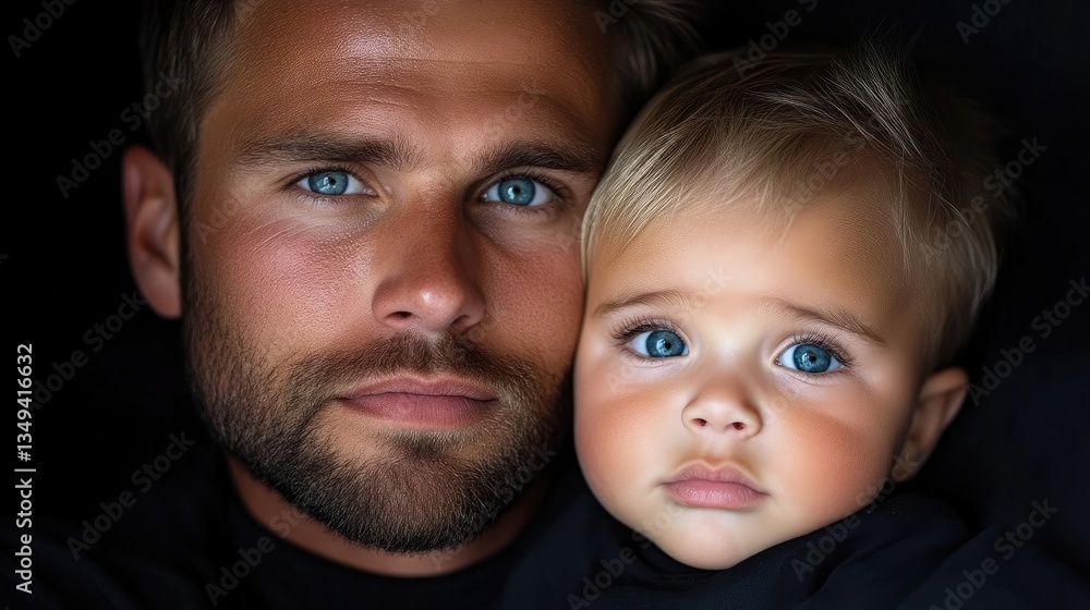 Close-up of a father and toddler, sharing a tender moment. Their striking blue eyes connect in a loving gaze Close-up of a father and toddler, sharing a tender moment. Their striking blue eyes connect in a loving gaze