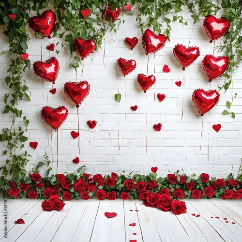 Red heart shaped balloons and roses decorate a white brick wall