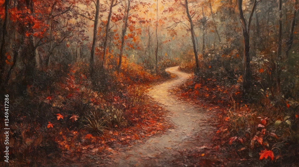 Obraz premium Autumn path winding through forest, sunlight dappling leaves