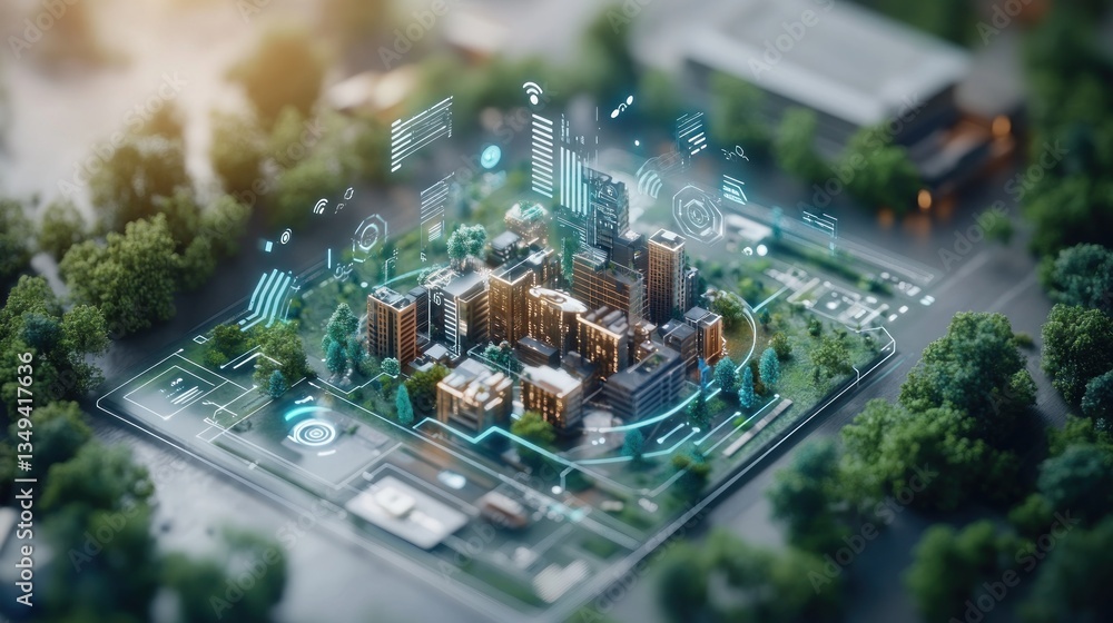 Obraz premium Smart city model with digital overlay showcasing technology integration within urban landscape