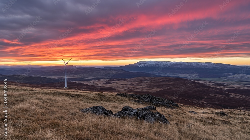 Obraz premium A stunning sunset illuminates the sky above rolling hills a lone wind turbine stands tall