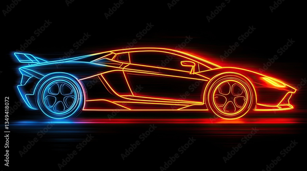 Neon outline of a sports car speeding on a dark background. Neon outline of a sports car speeding on a dark background.
