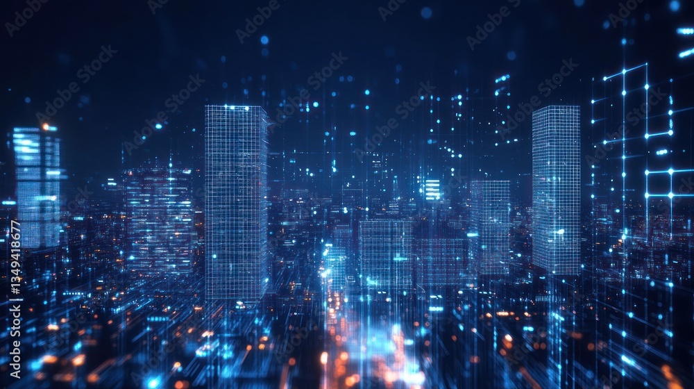 Futuristic city skyline at night with digital network. Possible stock photo use depicting advanced technology and urban development Futuristic city skyline at night with digital network. Possible stock photo use depicting advanced technology and urban development