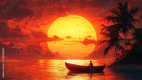 Tranquil escape: Silhouette in boat enjoys blazing sunset and tropical island