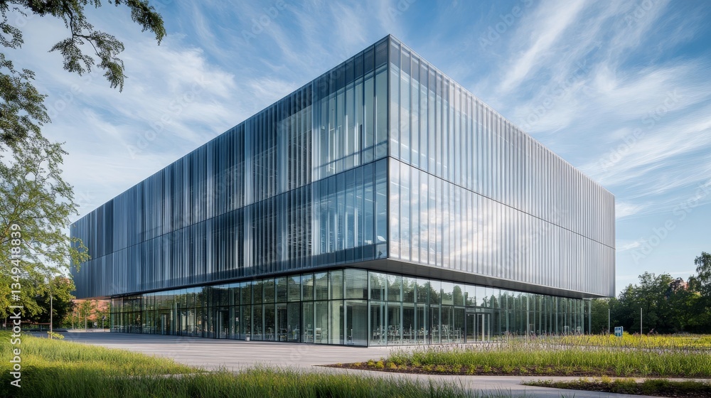 Modern glass building with reflective facade in tranquil natural setting Modern glass building with reflective facade in tranquil natural setting