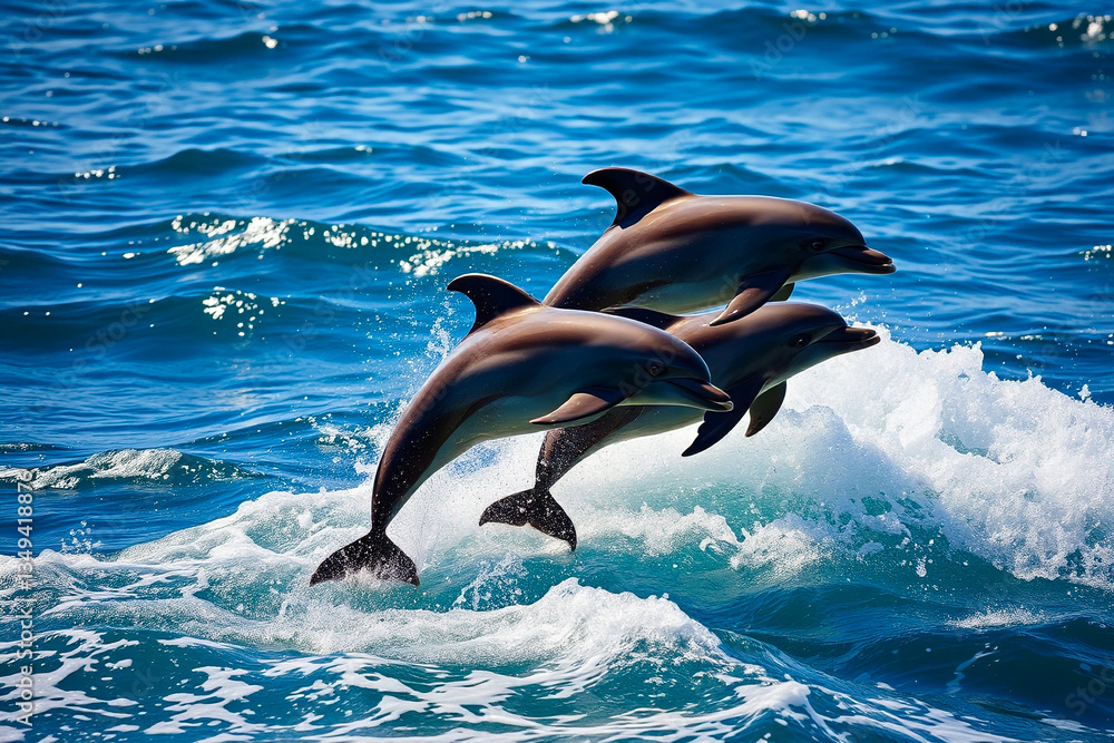 Obraz premium Playful Dolphins Leaping Gracefully from Vibrant Blue Ocean Waters Under a Clear Sky, Showcasing Their Agility, Elegance, and the Beauty of Marine Wildlife