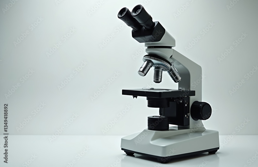 Laboratory microscope against white background. Optical instrument for scientific research, education. Closeup detail, technology, equipment, medical, healthcare, science, biology, chemistry, Laboratory microscope against white background. Optical instrument for scientific research, education. Closeup detail, technology, equipment, medical, healthcare, science, biology, chemistry,