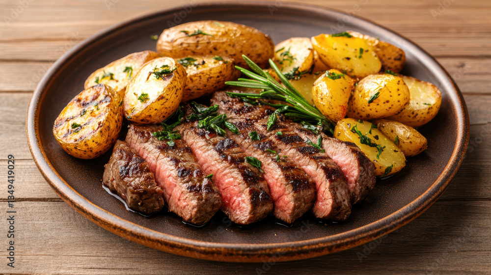 Juicy medium rare steak served with roasted potatoes and herbs, perfect for hearty meal Juicy medium rare steak served with roasted potatoes and herbs, perfect for hearty meal