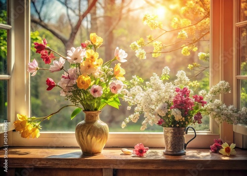 Wallpaper Mural Vintage sunlit windowsill blooms: capturing spring's indoor floral beauty. Torontodigital.ca