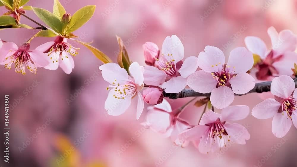 Pink cherry blossoms blooming against a soft pink background Pink cherry blossoms blooming against a soft pink background