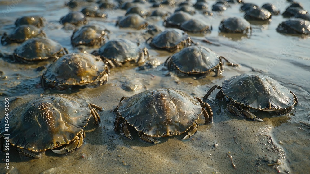 Obraz premium A group of horseshoe crabs gathering along a sandy shoreline during low tide. 